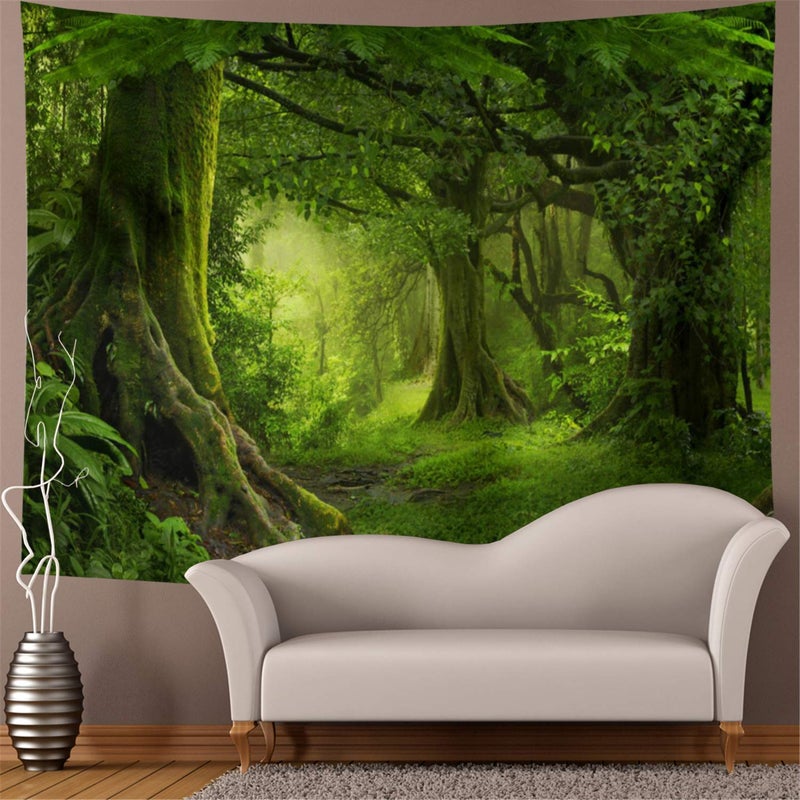 Lahasbja Misty Forest Tapestry Green Tree in Jungle Forest Tapestries Wall Hanging Nature Scenery Woodland Backdrop for Living Room Bedroom (XL/70.8"Ã—92.5", Green Trees) - Image 2